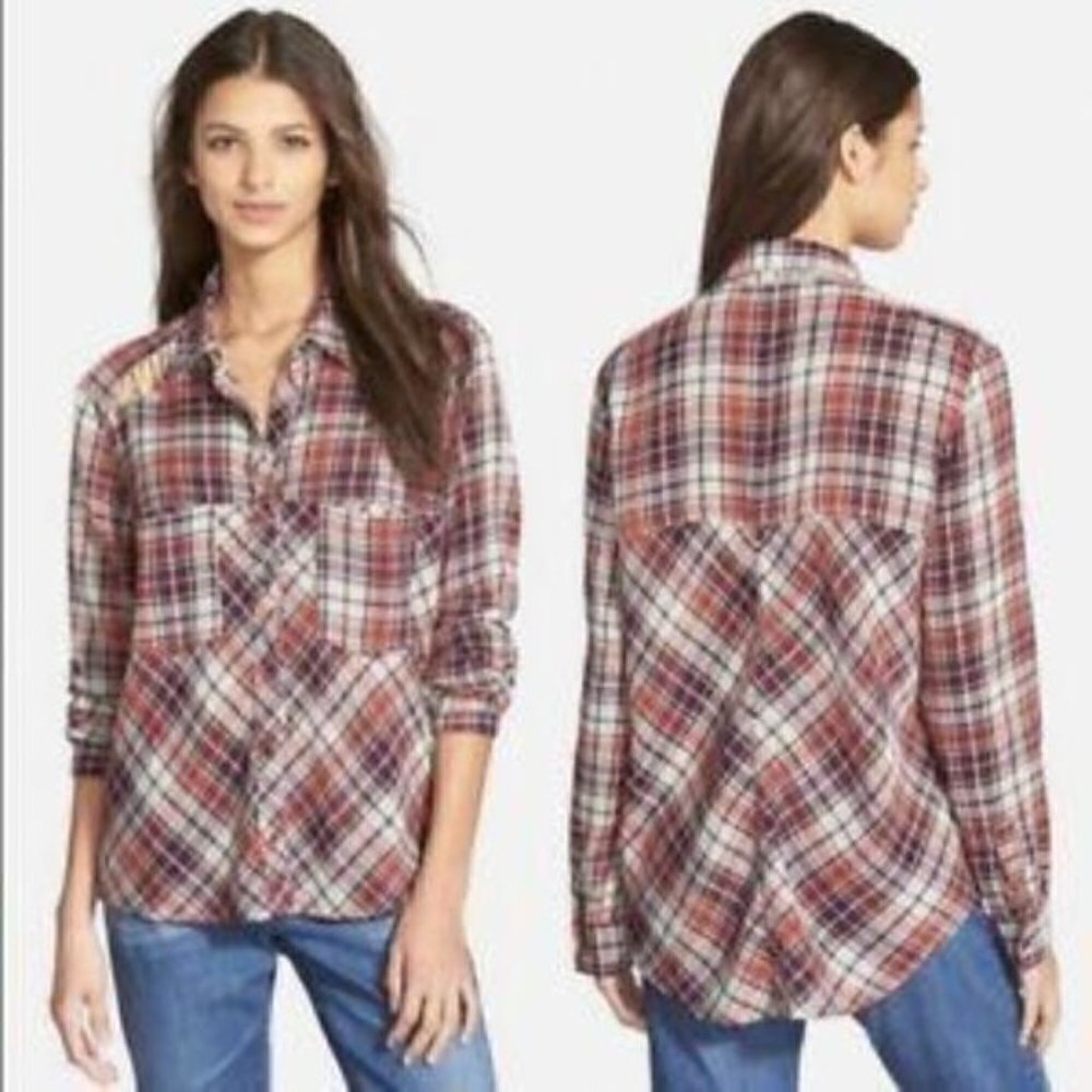 Free People Plaid Lace Gauzy Flannel Snap Button S‎